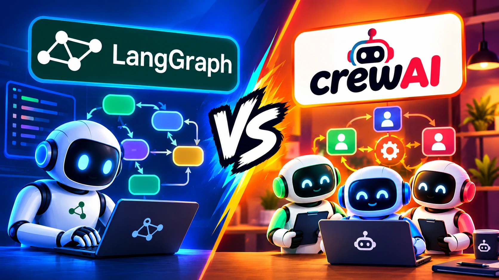 LangGraph बनाम CrewAI: बाईं ओर graph पर काम करता एक robot और दाईं ओर टीम के रूप में काम करते तीन robots